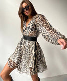 Charming Leopard Print Dress with Doll Collar and Elegant Long Sleeves