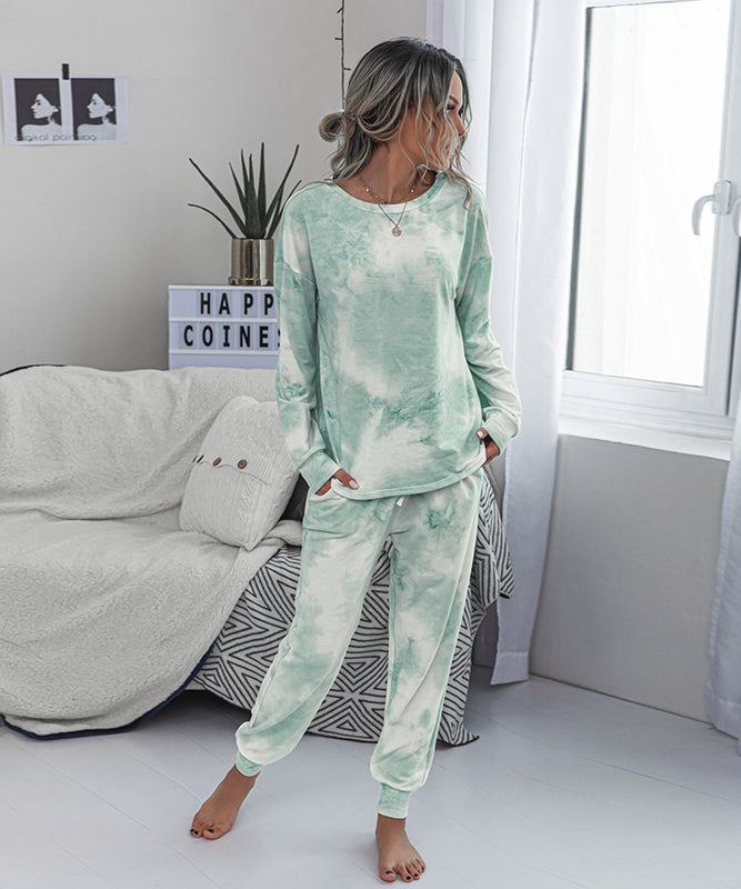Large Size Tie-Dye Long Sleeve Home Wear Set in Green
