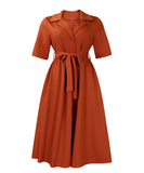 Short Sleeved Suit Style Collar Tie Dress in Solid Color with Belt