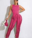 Sash Belt Pants and Sleeveless Fringe Top Set Bold Colors