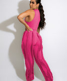 Sash Belt Pants and Sleeveless Fringe Top Set Bold Colors
