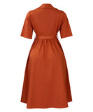 Short Sleeved Suit Style Collar Tie Dress in Solid Color with Belt