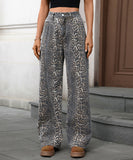 Leopard Print Wide Leg Jeans Relaxed Casual Fit For Women