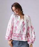 Loose Floral Embroidered Long Sleeve Shirt Viscose Blend