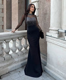 Beaded Mesh Panel Dress Long-Sleeved Cinched Waist