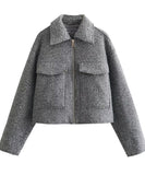 Short Loose Wool Coat Pearl Trim Casual Polyester Gray