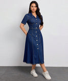Denim Waist-Hugging Dress with Short Sleeves in Deep Blue