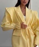 Classic Waist Cinching Belted Padded-Shoulder Jacket