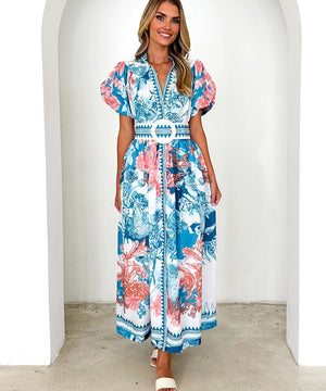 Casual Long Printed Dress with Cinched Waist in Blue