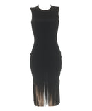 Solid Color Sleeveless Fringed Dress in Deep Pink Black Blue