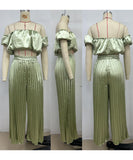 Elegant Plunging Pleated Pants Set Solid Colors Everyday