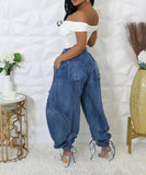 Loose Straight Leg Jeans With Drawstring Tie And Bow Detail