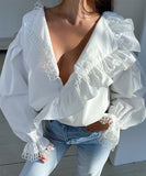 Chic Sexy Deep V-Neck Wooden Ear Edge Long Sleeve Lace Shirt