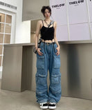 High Waisted Denim Trousers with Flip-Top Pocket for Women