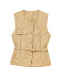 Womens Round Neck Sleeveless Vest With Button Decoration