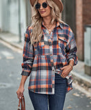 Collared Long Sleeve Pocket Casual Check Shirt Polyester