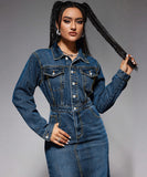 Stylish Denim Long Dress with Slit and Button-Down Collar