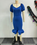 Stretch Wrap Hip Waist Lantern Sleeve Wavy Hem Dress for Flattering Fit