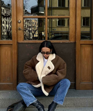 Fashionable Loose Warm Retro Lambskin Coat Deep Brown