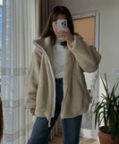 Solid Color Lambskin High Neck Woolen Coat Beige Warm