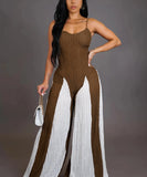 Sexy Sheer Wide-Leg Knitted Halter Top Color-Block Pants