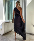 Fashion Sexy Oblique Shoulder Pleated Hollow Gown in Chic Colors