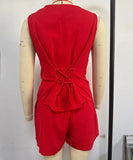 Solid Color Shorts And V Neck Pullover With Waistband