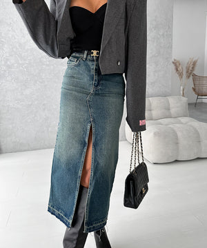 Chic High-Waisted Denim Dress with Side Slit and Elegant Hip Wrap