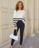 Relaxed Patchwork Striped Sweater With Round Neck Casual