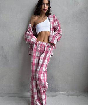 Stylish Pink Plaid Two-Piece Set for Women with Long Sleeves
