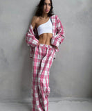 Stylish Pink Plaid Two-Piece Set for Women with Long Sleeves