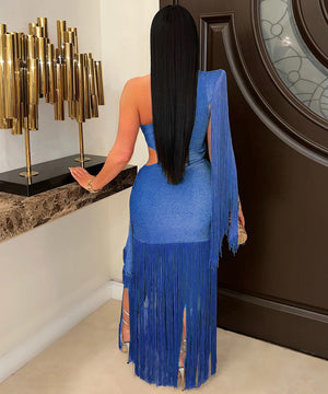 Asymmetric Single Shoulder Fringed Long Dress in Black Gold Blue