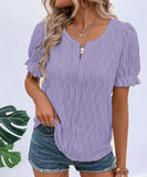 Chic V-Neck Puffed Sleeve Jacquard Casual Loose T-Shirt
