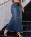 High-Waisted Denim Fringe Fishtail Skirt for Trendy Style
