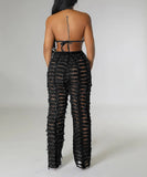 Women's Wide Leg Denim Trousers with Trendy Perforated Fringes