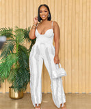 Fluffy Lace Halter Top And Pants Set With Tassels Details