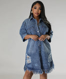 Denim Dress With Frayed Hem And Fringed Sleeves