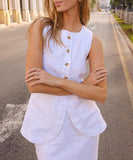 Chic White Square Neck Sleeveless Vest and High-Waisted Skirt Set