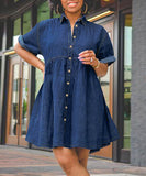 Plus Size Denim Cowl Neck Short Sleeve Puffy Skirt Dress