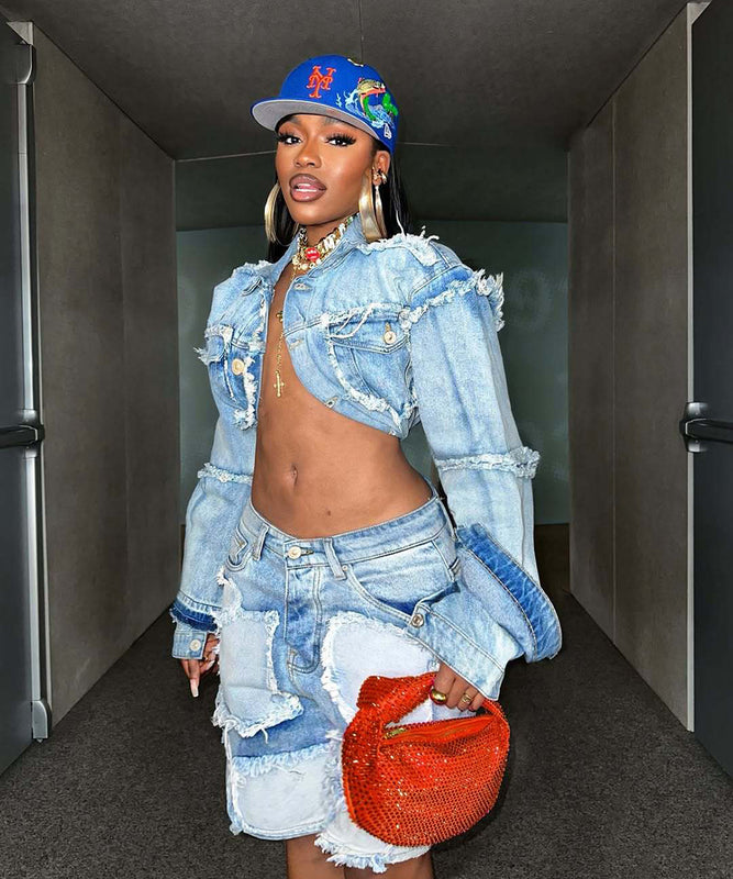 Retro Washed Distressed Patchwork Denim Suit for Trendsetters