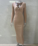 Sexy Long Sleeve Pleated Dress Multicolor Apricot Pink