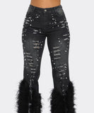Fashionable Denim Jeans with Beaded and Fur Detailing
