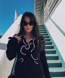 Chic Black Long Sleeve Cardigan with Lace Patchwork Contrast