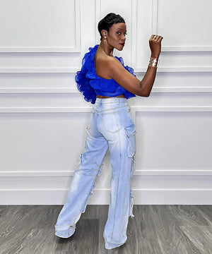 Diagonal Shoulder Lotus Cropped Top in Stylish Colors