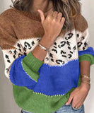 Classic Womens Leopard Patchwork Relaxed Knit Sweater