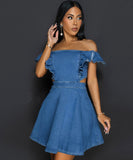 Blue Denim Casual Fitted Dress with Collect Waist Design