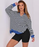 Striped V-Neck Loose Sports Shirt Hoodie For Women Relaxed Fit Moisture-Wicking Everyday