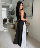 Sexy Sheer Wide-Leg Knitted Halter Top Color-Block Pants