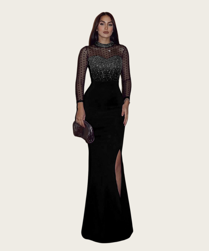 Beaded Mesh Panel Dress Long-Sleeved Cinched Waist