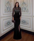 Beaded Mesh Panel Dress Long-Sleeved Cinched Waist